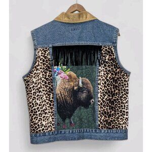 Vtg Womens Large Vest Denim Buffalo Cheetah Embroidery Fringe Bling War Bonnet